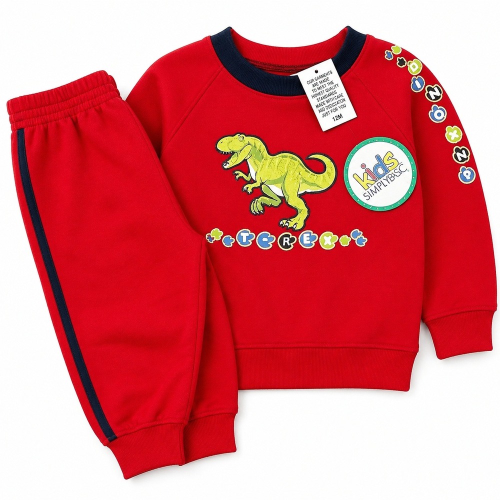 Kids Red Dinosaur T-Rex Tracksuit Set 12M Sweatshirt Joggers NEW